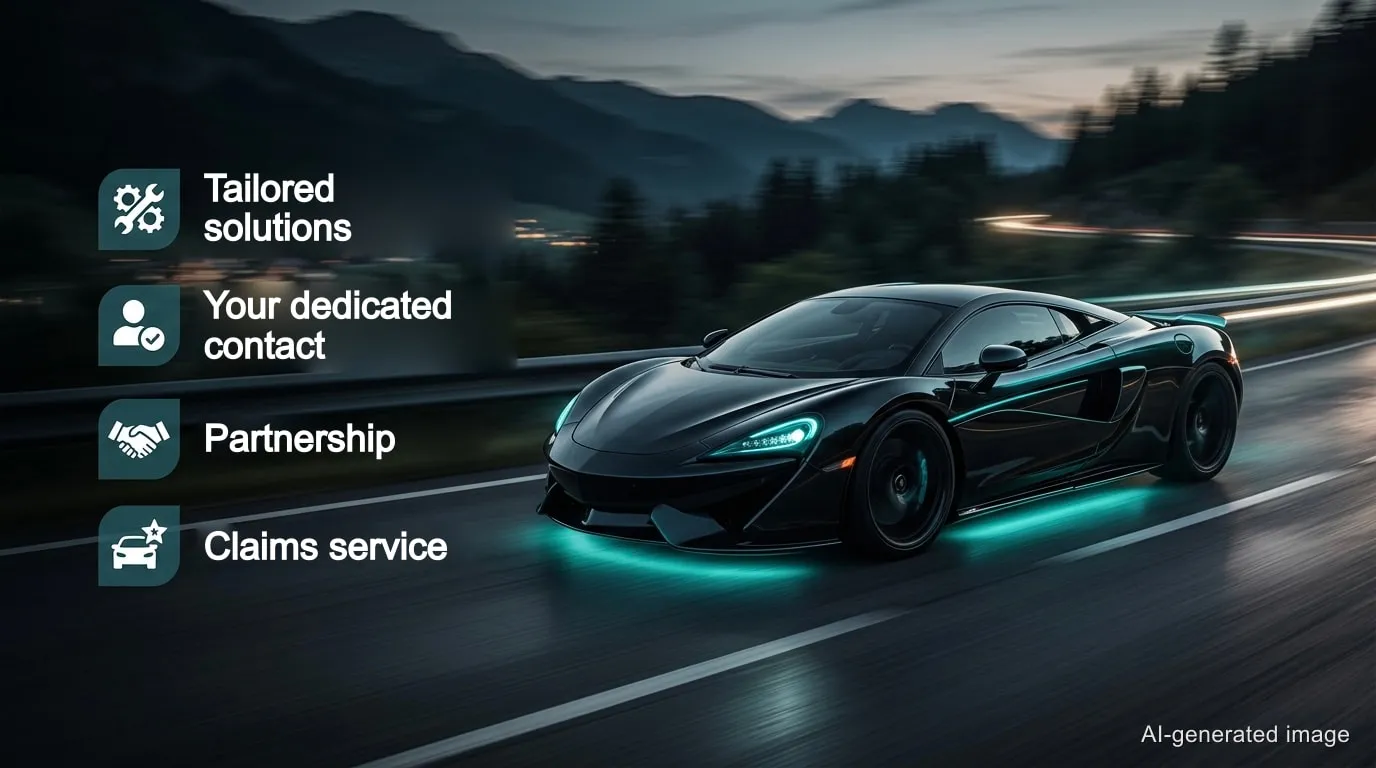AI-generated image: black supercar on a mountain road at dusk. Alongside it four highlights: Tailored solutions, Your dedicated contact, Partnership, Claims service.