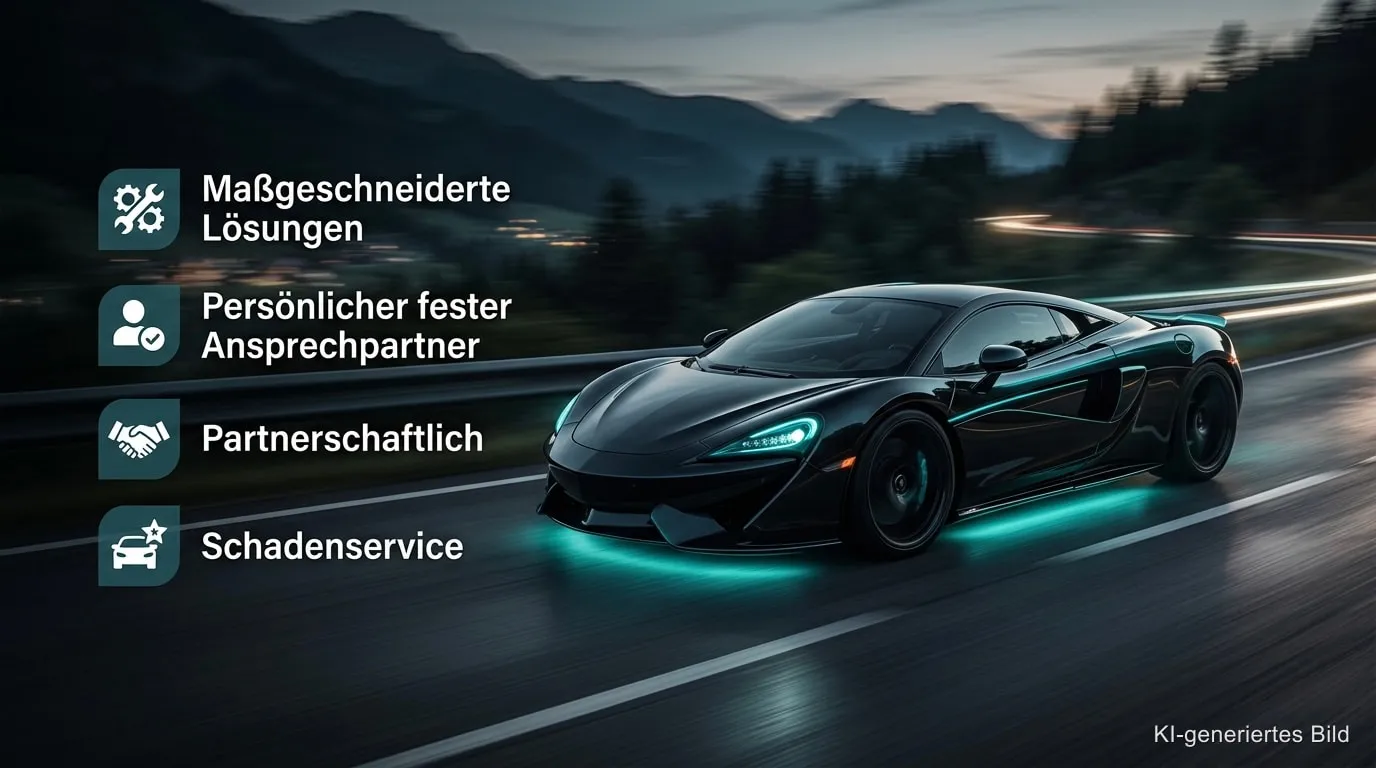 KI-generiertes Bild: schwarzer Supersportwagen auf einer Bergstraße in der Dämmerung. Daneben vier Merkmale: Maßgeschneiderte Lösungen, Persönlicher fester Ansprechpartner, Partnerschaftlich, Schadenservice.
